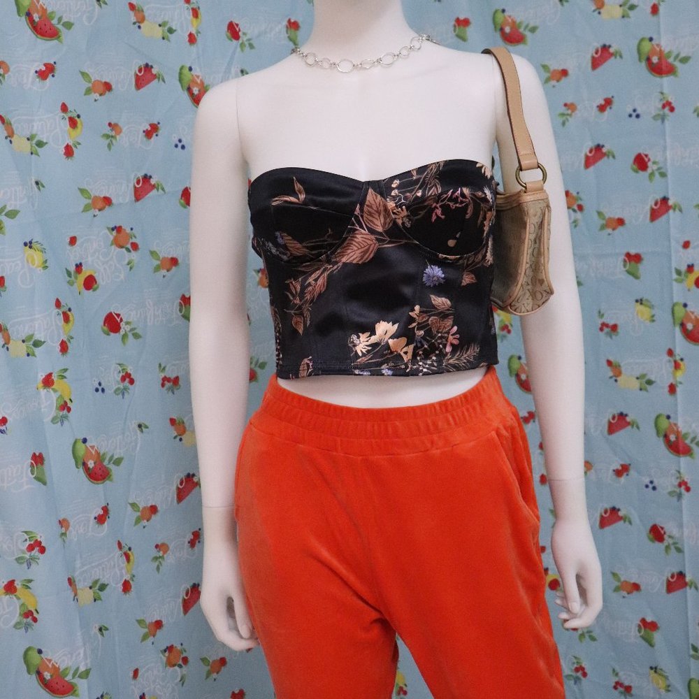 Black corset tube top with floral pattern